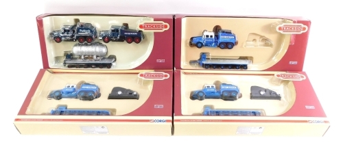 Four Corgi limited edition Track Side Bygone Days of Road Transport model sets, scale 1:76, comprising Scammell contractor (x2) trailer and cylinder load Pickfords, three Scammell contractor trailer and machinery load Econ freight, boxed. (4)