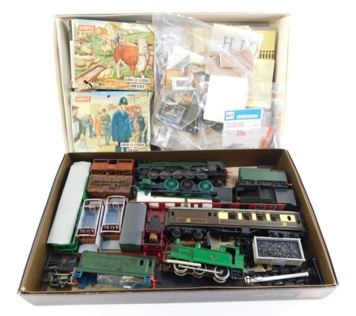 A group of Airfix models, partial builds, etc., to include Airfix civilians, Airfix farm stock, building cardboard cut outs, scenic accessories, etc. (1 box)