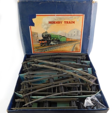 A group of Hornby Trains 0 gauge track, in a Hornby Train box.