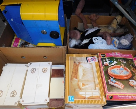 Various Sindy accessories, to include a bed, dining table and chairs, two wardrobes, Sindy horse carriage, boxed Sindy figure and horse, Sindy swimming pool set, Sindy styling set, and some cuddly toys. (all under 1 table)