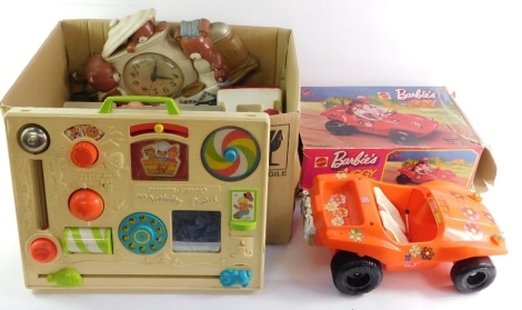 Toys and games, a Barbie buggy, a Fisher Price Activity centre, Teddy Bear wall clock, Hobby's Design dice, Fisher Price Toys, etc. (1 box)