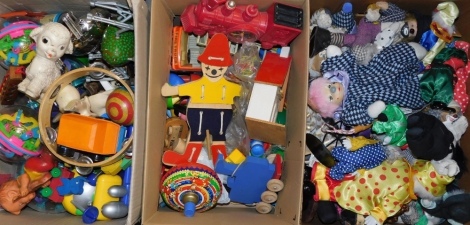 Various toys and games, railway clock, pull along train, tambourine, puzzle balls, clowns, etc. (3 boxes)