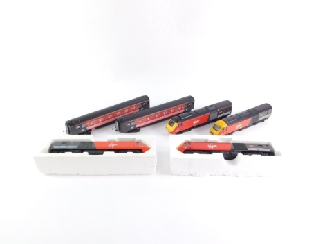 Hornby and Lima OO gauge class 43 HST, including power cars, dummy cars, and two coaches, in Virgin livery. (1 tray)