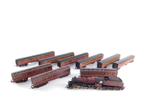 A Lima OO gauge Hughes Crab Class locomotive (AF), three clerestory coaches and LMS 2640 and 2643 coaches. (1 tray)