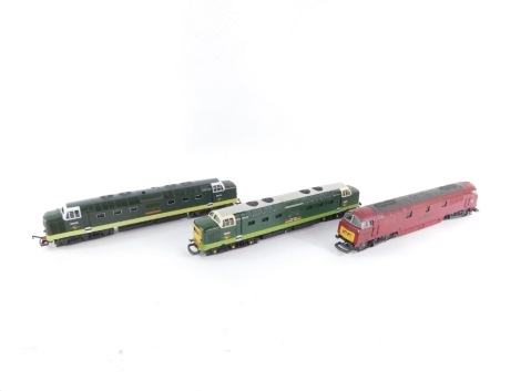 Three Lima OO gauge diesel locomotives, Class 52 Western Gladiator, Class 55 Deltic 'The Fife and Forfar Yeomanry' and Class 55 Deltic 'The Green Howards'.