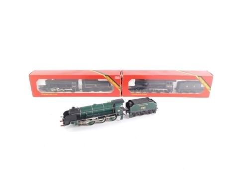 Three Hornby OO gauge locomotives, including King Arthur Class 'Sir Dinadan', Class 2 locomotive, 2-6-0, and a Class B12 LNER 466-2 locomotive.