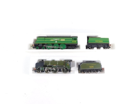 Two Hornby OO gauge locomotives, including Battle of Britain Class locomotive, 'Sptifire', 4-6-2, Southern green livery, and a Schools Class locomotive 'Repton', Southern green livery, 4-4-0.