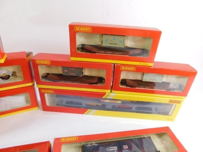 Hornby OO gauge rolling stock, including R6265 KBA Barner wagon, R6264 Prorall BEA van, R6423 car transporter, etc. (1 tray) - 2