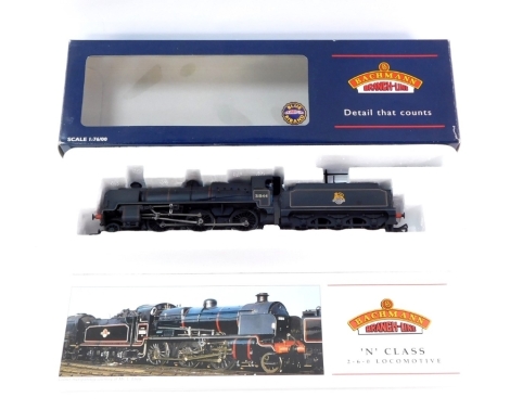 A Bachmann OO gauge N Class locomotive 31844, BR black livery, early emblem, 2-6-0, 32-156.