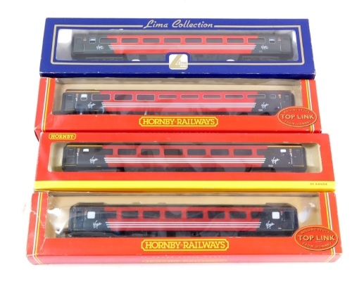 Hornby and Lima OO gauge Virgin MK2/3 coaches, including R4098A, Virgin MK3 buffer coach, R4086A Virgin MK2 coach, etc. (4)