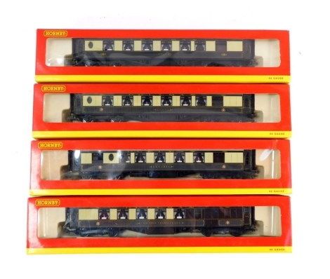 Hornby OO gauge Pullman coaches, comprising R4145 Cynthia, R4143 Leona, R4150 car number 65 and R4164 Argus. (4)