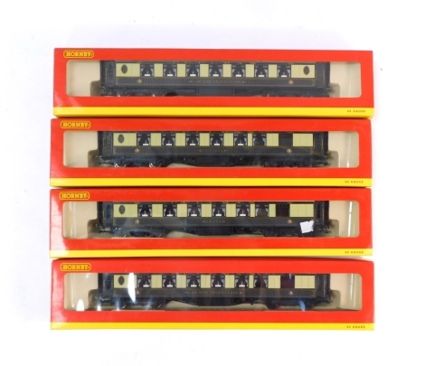 Hornby OO gauge Pullman coaches, comprising R4145 Cynthia, R143 Leona, R4144 car number 35 third class, and R4146 car number 171, third class. (4)