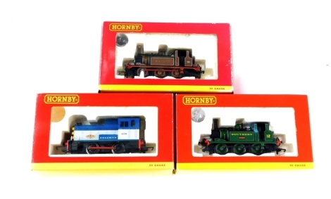 Three Hornby locomotives, comprising a Pullman class 06 diesel shunter, Southern 'Venitor' locomotive and a 'Waddon' 0-6-0 tank locomotive. (3)