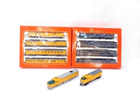 Mantua and Walther HO gauge Union Pacific diesel locomotives, and Rivarossi set A and B Union Pacific coaches.