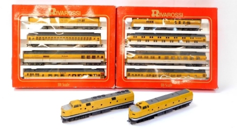 Rivarossi HO gauge Rio Grande diesel locomotive and dummy, and Rivarossi set A and B Rio Grande coaches.