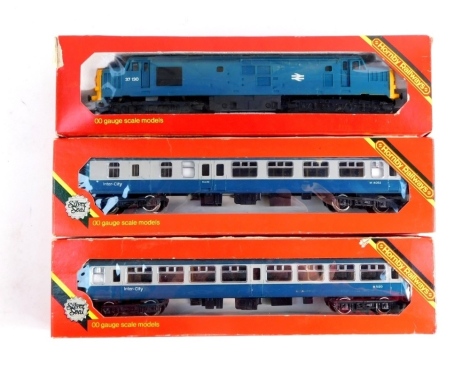 Hornby OO gauge class 37 37130, in BR blue livery, and two Intercity coaches R751, R921 and R922.