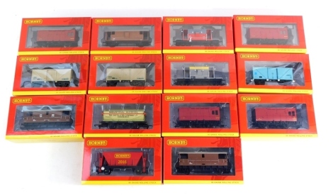 Hornby OO gauge rolling stock, including R6765 BR Zot brake van, R6768 LMS brake van, R6727A LMS horsebox, etc. (14)