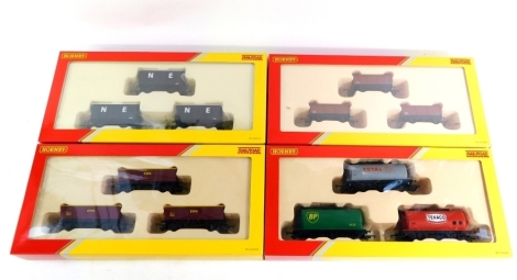 Hornby OO gauge triple packs of rolling stock, including R6789 Triple fuel tanker packs, R6367 coal wagon pack, etc. (4)