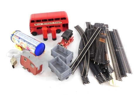 Various toys and games, red bus, OO gauge track, model cars, etc. (1 box)