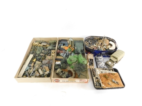 A group of kit built tanks and armored vehicles, trees, figures, etc. (3 boxes)