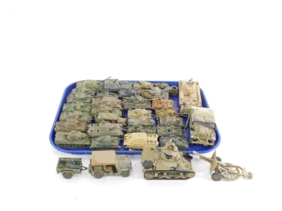 A group of kit built armored tanks, barbed wire fence, accessories, etc. (1 box)