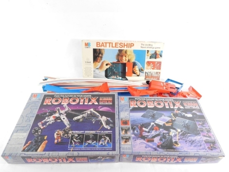 Two cased Robotix games, Battleship board game, Matchbox Hot Wheels track, etc. (a quantity)