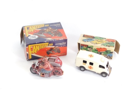 Clockwork cars, comprising a Fantastic and Co wind up motorcycle with side car, and a Minic scale model clock work toys Tri-ang car, boxed. (2)