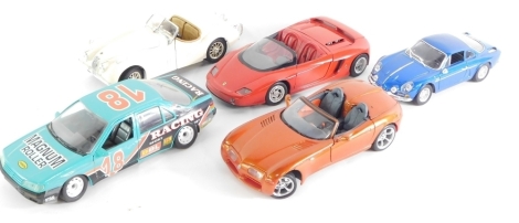 Various 1:18 scale diecast vehicles, including Peugeot 605, Dodge Copperhead, Ferrari Mythos, etc. (5)