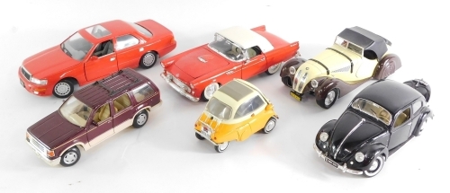 Various 1:18 scale die cast vehicles, including Chevy Thunderbird, Volkswagen Beetle, BMW Isetva, etc. (6)