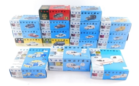 A group of Vanguard boxed cars, comprising The Pinky & Perky Dunbartsonshire Police Set, Ford Transit MK1 van (Police Dog Branch)., The Nottinghamshire Police Accident Set., Eddie Stobart van., Ford Transit Van MK1 Mini van., Ford Transit MK1 van., Austi