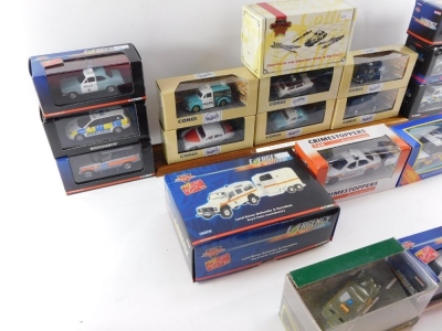 A group of police cars, to include The Corgi Police Car Vehicle set, on stand., Corgi 999 Series., Crimestoppers die cast cars, etc. (1 tray and 1 shelf) - 3