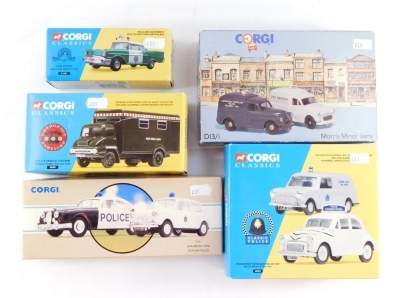 A group of Corgi car models, comprising The Morris Minor Vans D13/1., The Jaguar MKII / Mini Durham Police., The San Diego Chevrolet Sheriff's Car 51301., The Police Mobile Column Thames Trader Control Unit 30307., and The Stockport Borough Police set., M