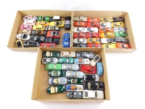 A group of die cast motor cars, to include Ferrari, Scanias, Porsches, etc, play worn. (3 boxes)