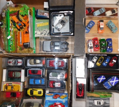 A group of die cast cars and tractors, to include BMW Collection., Great British Marques., Corgi Classics., Revell cased rally cars, a Country Life die cast play set, Eddie Stobart truck, etc,play worn, some boxed. (2 boxes)