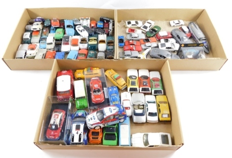 A group of die cast vehicles, to include Corgi and other saloon cars, aeroplanes, Goldeneye BMW Roadster, etc, play worn. (3 boxes)