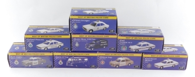 The Atlas Editions Best of British Police Cars die cast models, scale 1:43, comprising Hillman Avenger, Ford Cortina MkII, Ford Escort Mexico, Ford Anglia, Morris Minor 1000 van, Leyland Princess and Hillman Imp, all boxed. (8)