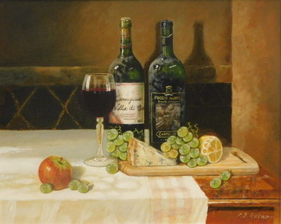 •Paul Attfield (b.1950). Cheese and Wine still life, oil on board, signed, 39cm x 50cm.