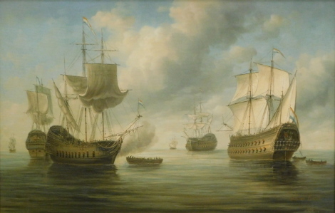 •William Candoy (20thC). Man O War masted ships in battle, oil on canvas, signed, 54cm x 84.5cm.