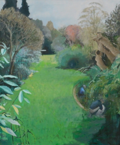 •Alan Thomas (20thC). Light on the lawn, oil, signed and titled verso, 76cm x 63cm. Label verso At the Mall Galleries.