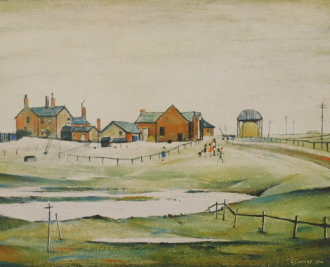 •Laurence Stephen Lowry (1887-1976). Landscape with farm buildings, artist signed print, H.L.D blind stamp, Venture Prints, 42cm x 49cm.