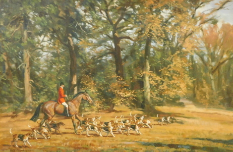 •Neil Cawthorne (b.1936). Huntsmen and hounds in an autumnal forest landscape, oil on canvas, signed, 53cm x 77cm.