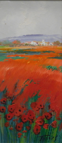 •Sonia Gill Tores (fl.1960). Poppy field before building and hills and another, oil on canvas, signed, 29cm x 13cm. (a pair)