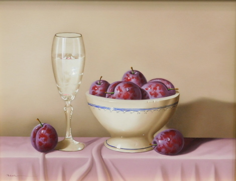 •Cassas (b.1952). Still life, bowl of plums aside glass on a table, oil on panel, signed, 26cm x 34cm.