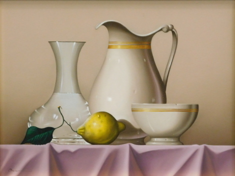 •Cassas (b.1952). Still life, lemon, jug, bowl and decanter on a table, oil on panel, signed, 25cm x 34cm.