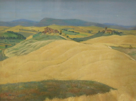 •Dario Neri (1895-1958) Italian. Landscape hills before houses with mountain in the distance, mixed media, signed and dated, 65cm x 76cm.