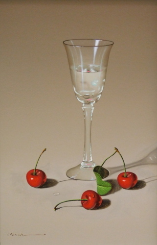 •Cassas (b.1952). Still life, glass and cherries, oil on panel, signed, 30cm x 19cm.