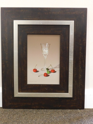 •Cassas (b.1952). Still life, glass and cherries, oil on panel, signed, 30cm x 19cm. - 2