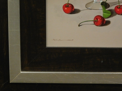 •Cassas (b.1952). Still life, glass and cherries, oil on panel, signed, 30cm x 19cm. - 3