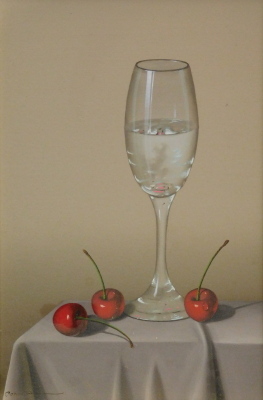 •Cassas (b.1952). Still life, cherries and glass on a table, oil on panel, signed, 29cm x 18cm.