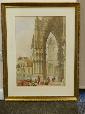 Paul Braddon (1864-1938). Figures before cathedral facade, watercolour, signed, 71cm x 51cm. Label verso Bon Aun' Gallery. - 2